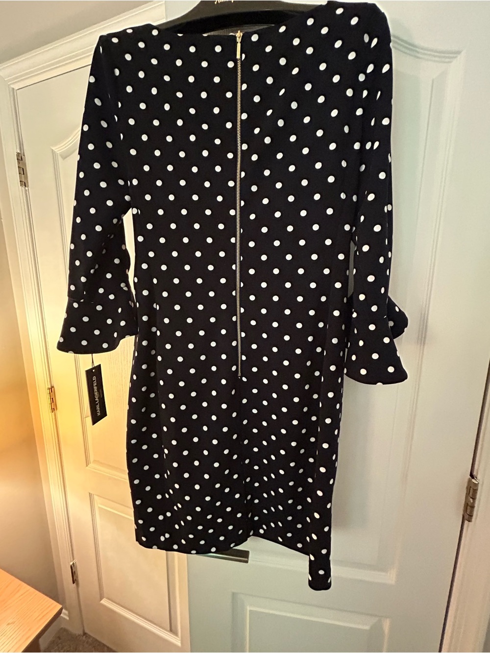 Karl Lagerfeld Black Dress with White Polka Dots and Ruffle Sleeves - Picture 2 of 4